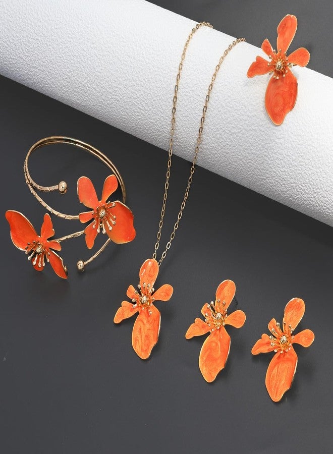Thalireth 4PCS Gold Orange Flower Cuff Arm Bracelets Upper Arm Earrings Hibiscus Necklace Chunky Ring Fall Summer Orchid Hibiscus Jewelry Set For Women Thankgiving Fall Birthday Gift - Image 3